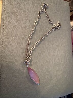 Sterling Silver Chain Necklace with Pink Marquise  Cat Eye Pendant and earrings